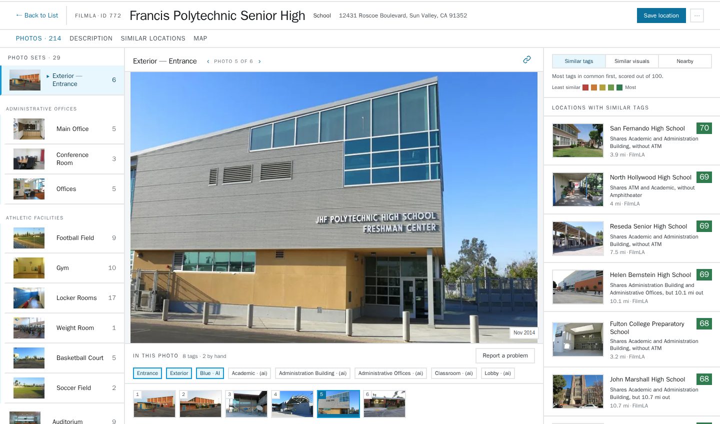 After: the new location page, photo sets on the left, each photo’s tags under it and similar locations alongside