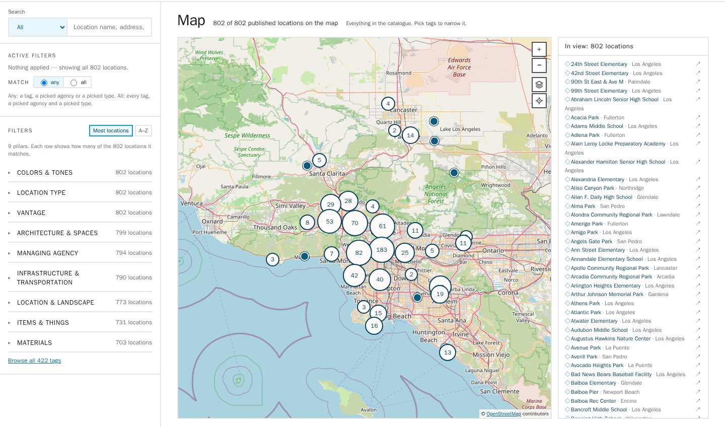 After: the new map, every published location at once, clustered