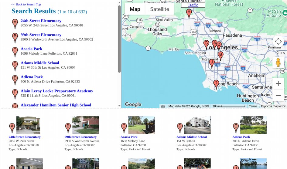 Before: the old results, ten to a page, with only those ten on the map
