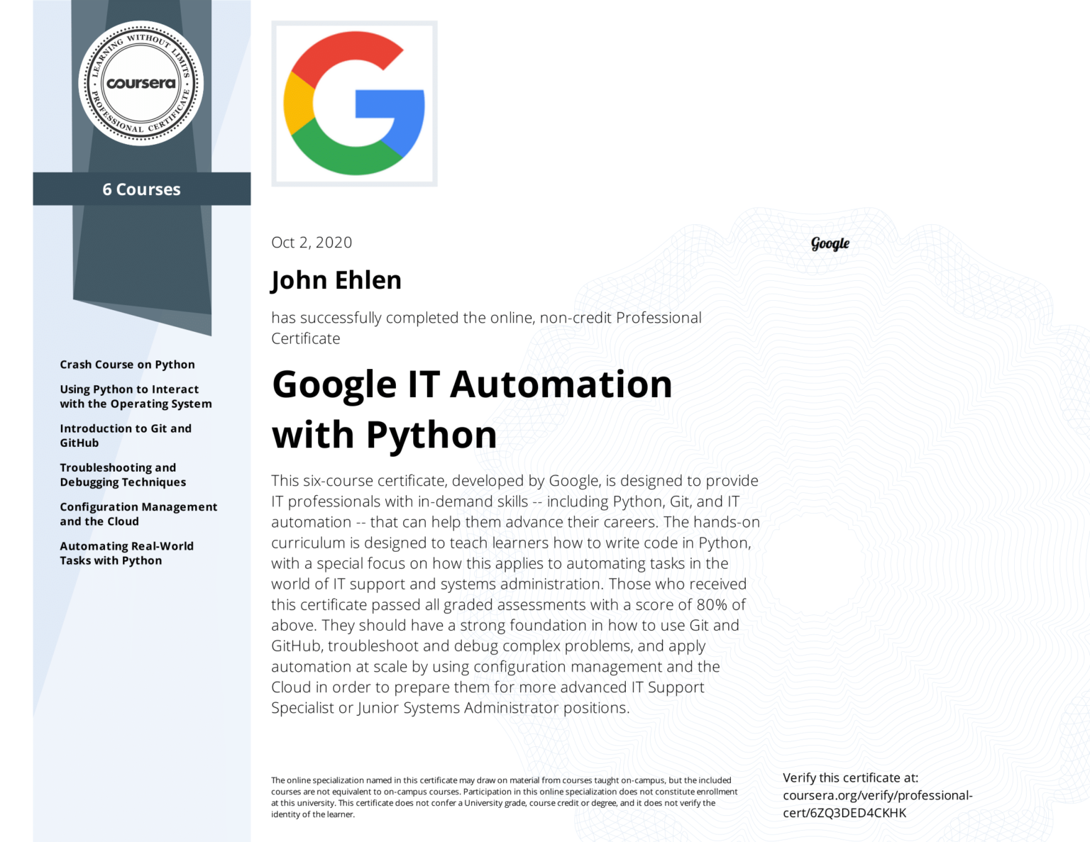 free google it automation with python professional certificate